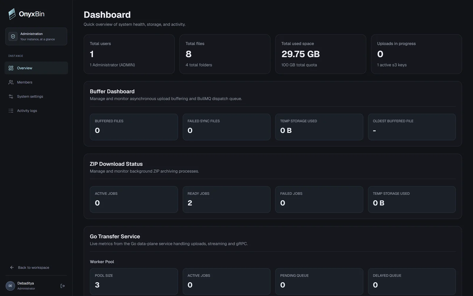 OnyxBin administration dashboard showing storage, users, upload workers, and service health