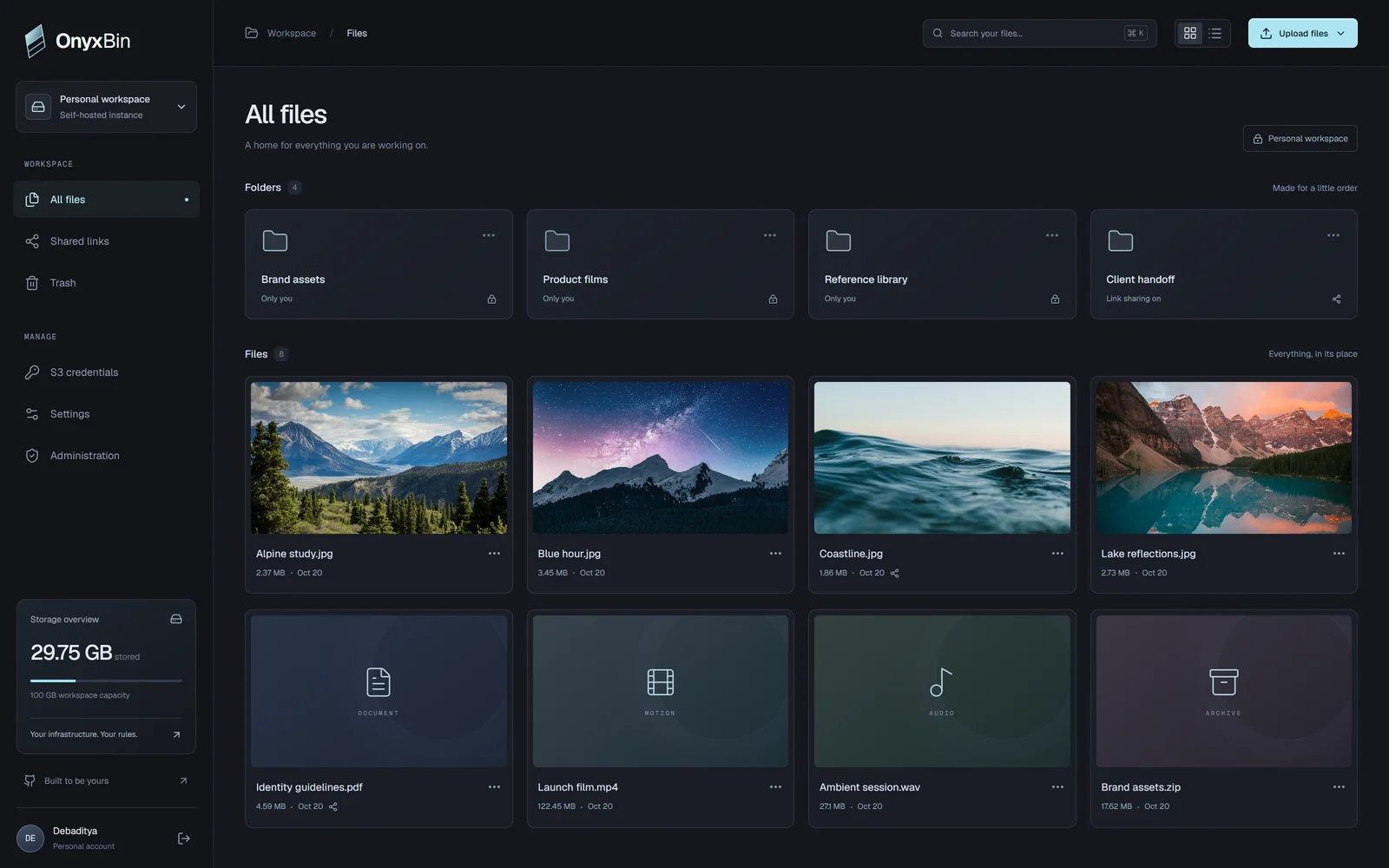 OnyxBin file manager with organized folders, visual file previews, and a personal storage overview