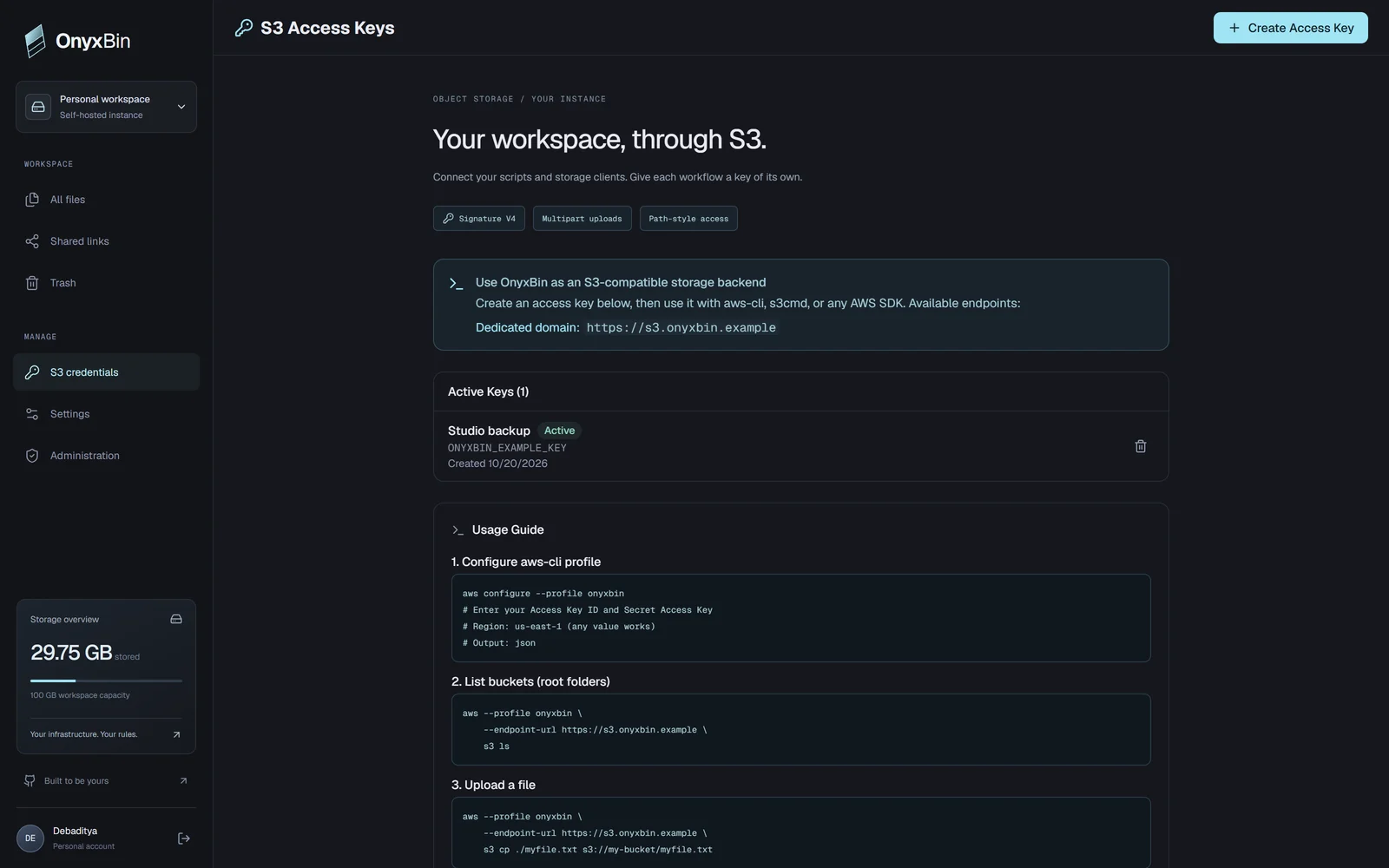 OnyxBin S3 credential management with a named access key and endpoint instructions
