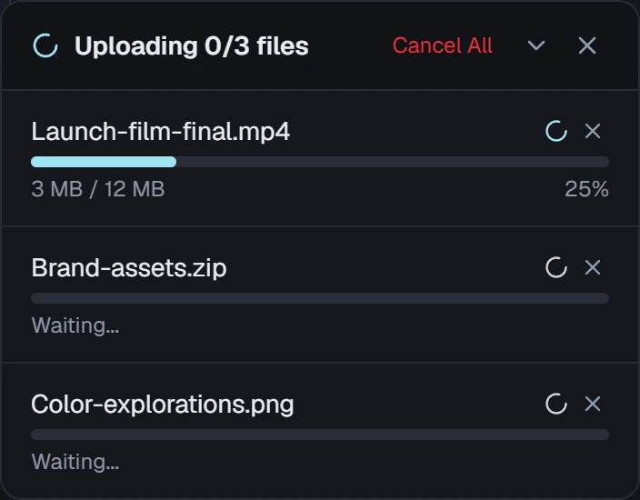 OnyxBin upload progress panel